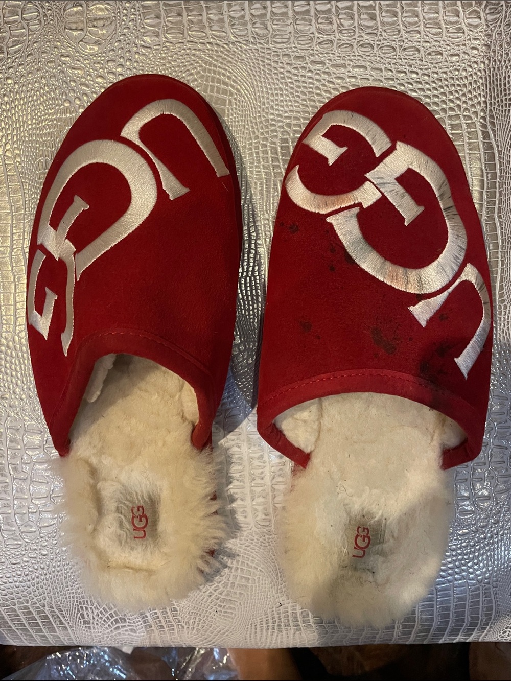 UGG Red Logo Shearling Slip-On Slippers